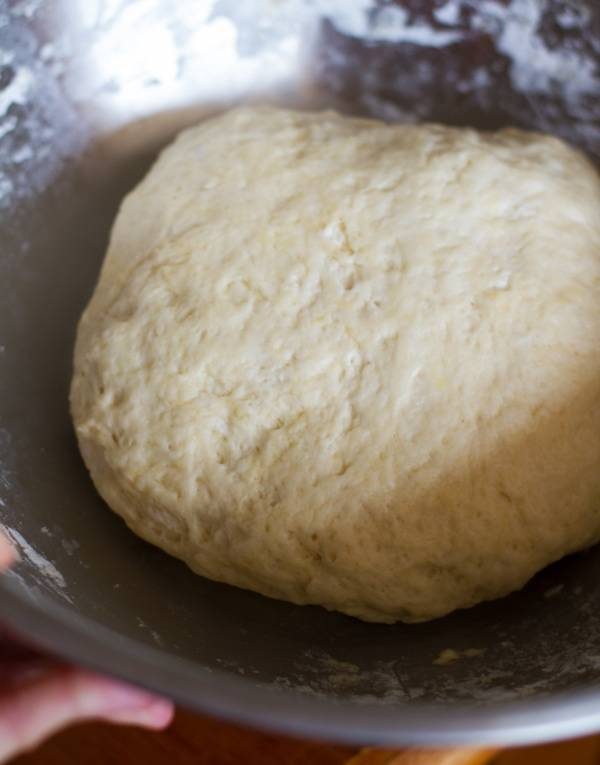 Dough in a mixing bowl.