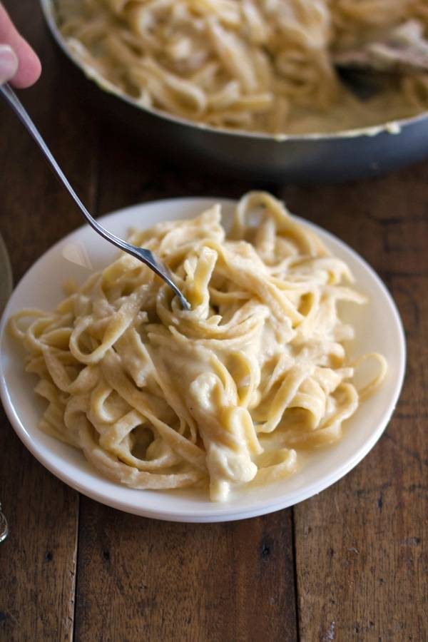 Fettuccine alfredo on a white plate with a fork.