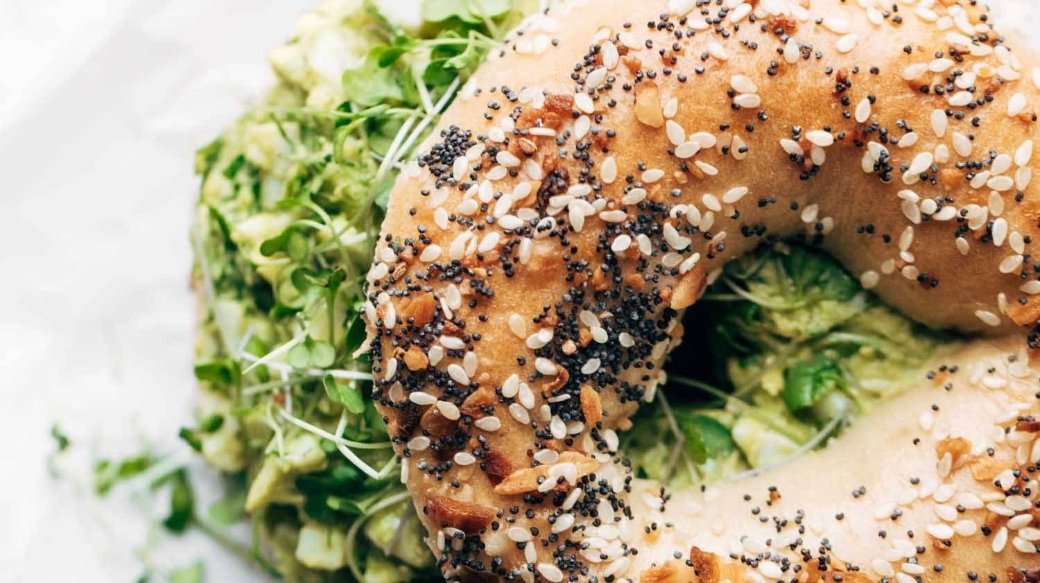 Avocado Egg Salad on an everything bagel.