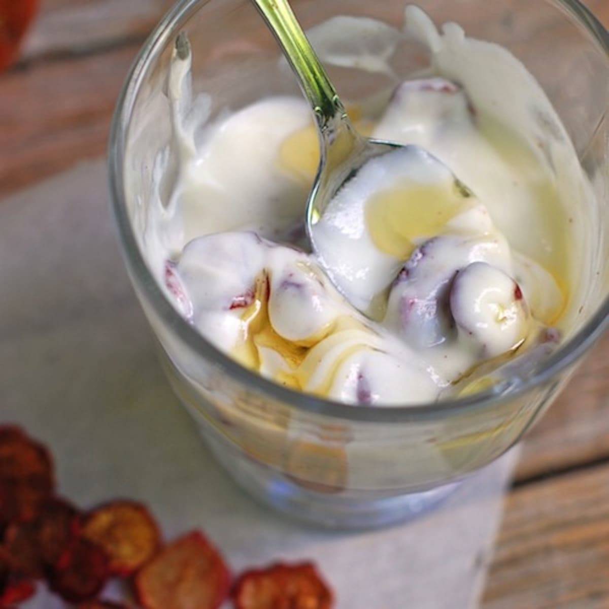 Cinnamon sugar radish chips served over Greek yogurt with honey.