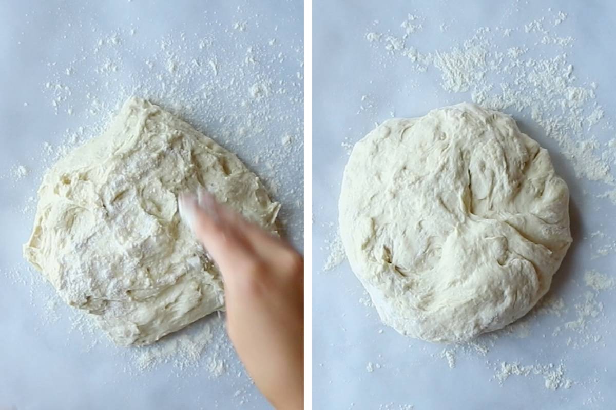 Forming dough on the counter on parchment paper.