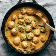 Masala Sauce in a pan with vegetarian meatballs.