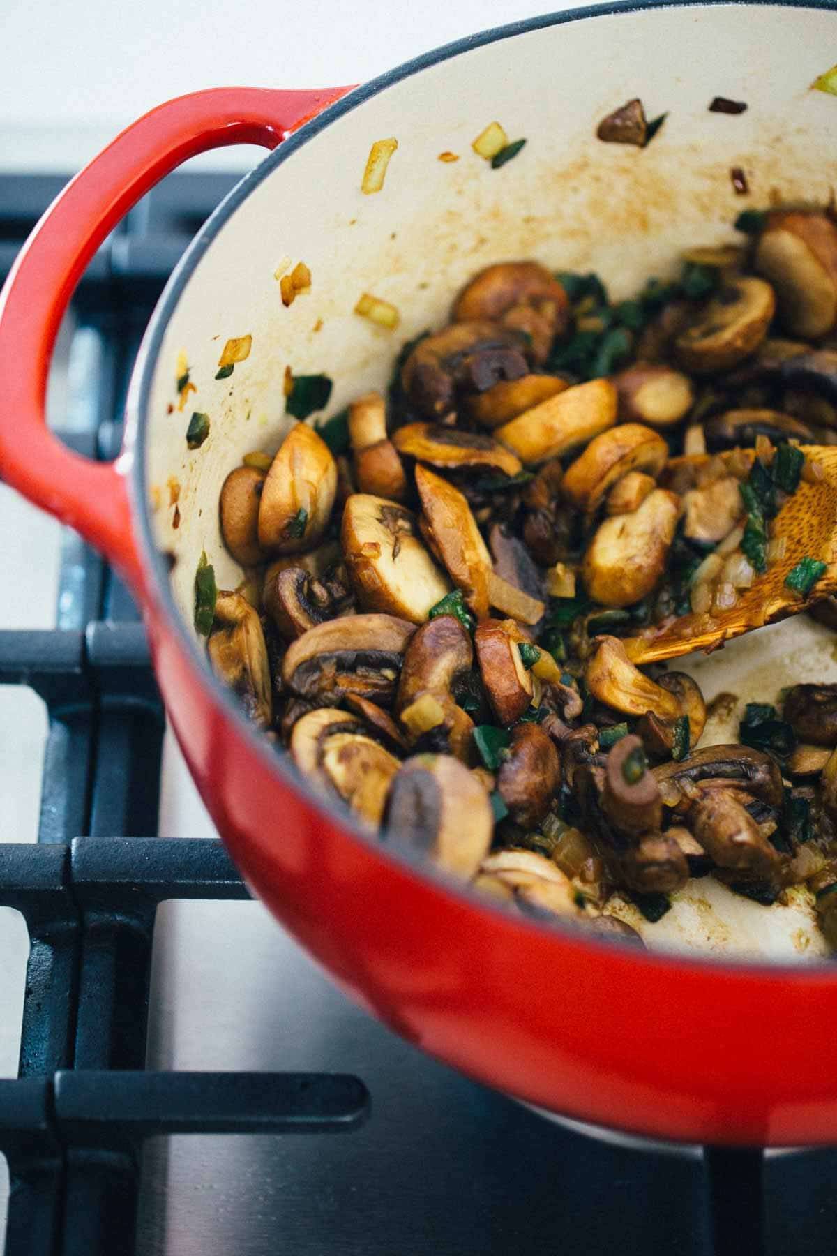 Mushrooms in a dutch oven.